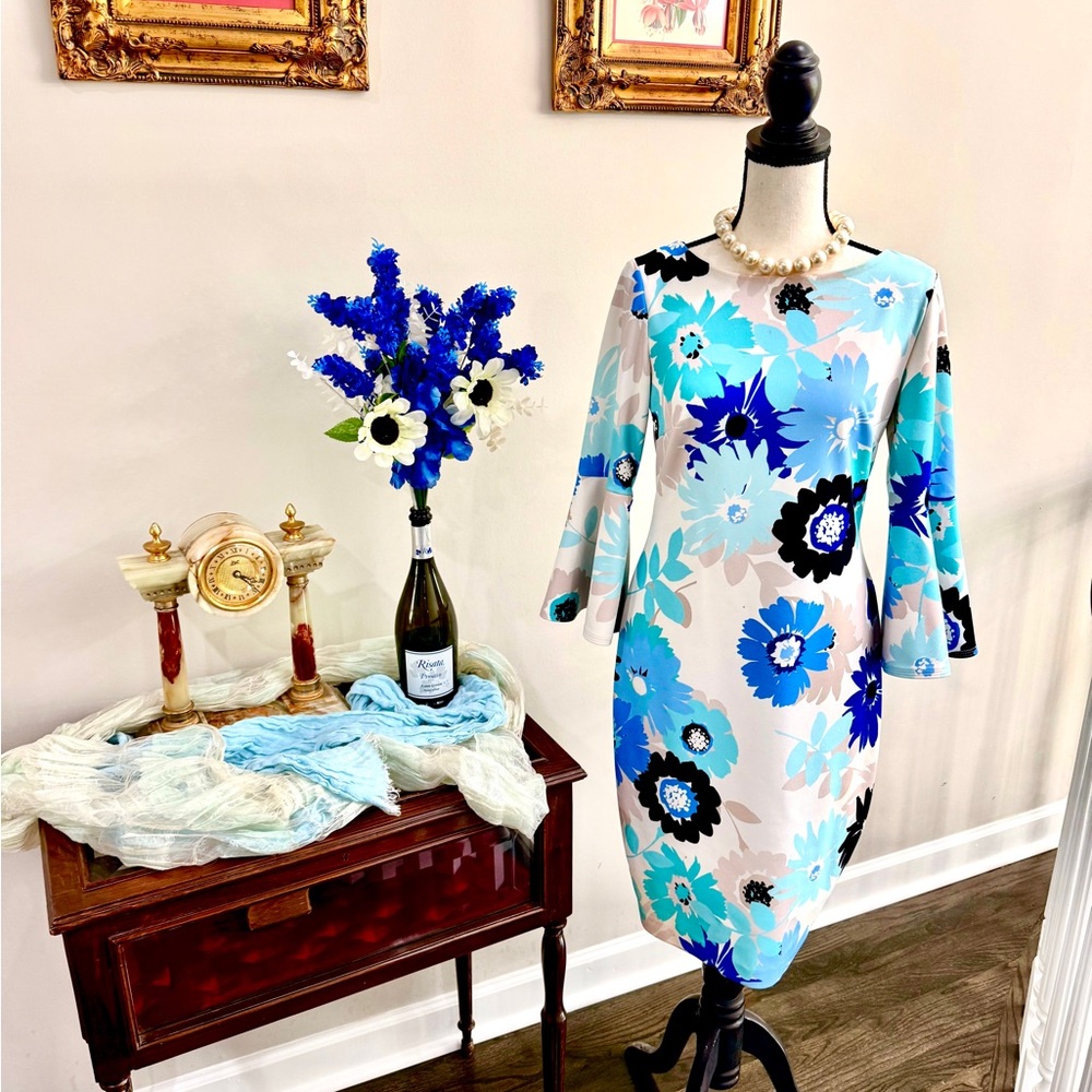 Beautiful Calvin Klein Floral Midi Dress w/ Long Bell Sleeves!